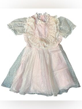 Vintage Merry Girl Party Dress Girls 8 Pink Polka Dot Lace Prairie Cottagecore